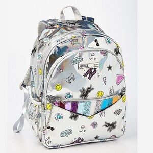 NWT  justice holographic sticker pocket full size backpack silver